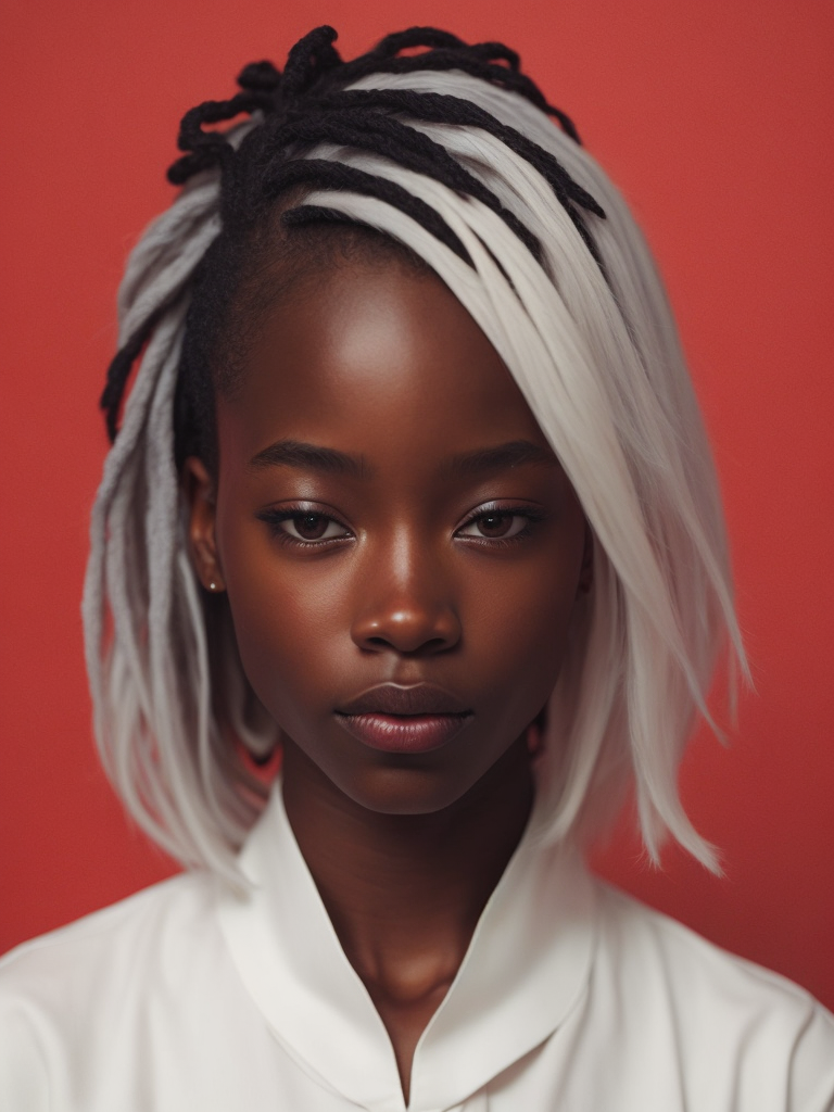 black girl on a red background, red light reflection on her face, White hair
