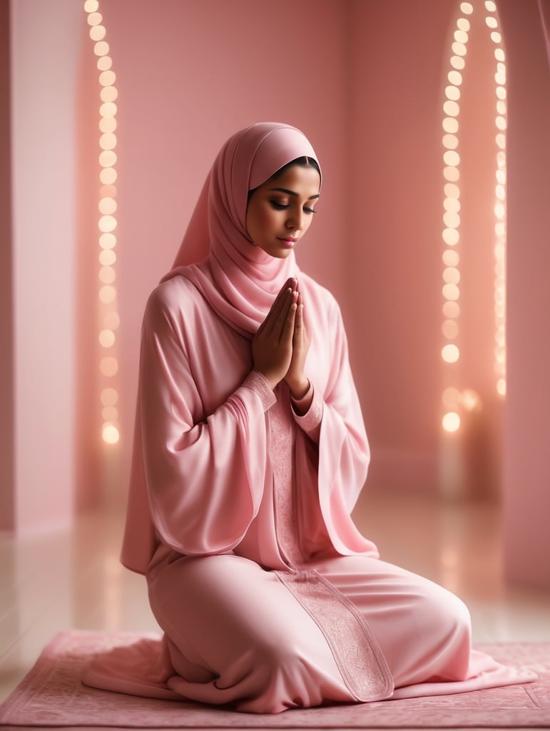 A Muslim lady in a room coloured with pink praying with her body covered