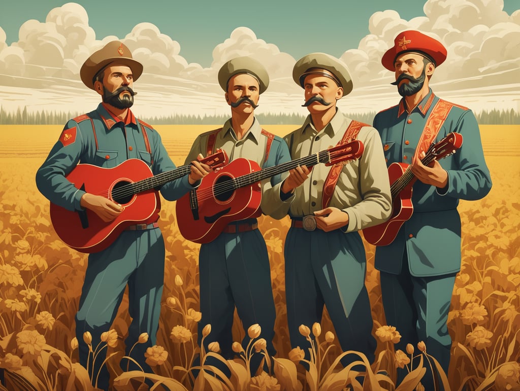 drawing of soviet landscape, large what fields filled with musicians instead of farmers in propaganda style