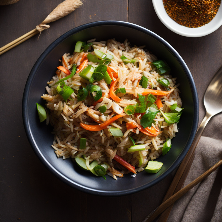 top view, thai style fried rice, shredded chicken, diced carrots, red pepper, green onions, bamboo shoot strips, chilli flakes, ginger, thai basil, unreal engine 5, very realistic, very detailed, realistic photography, 4k, 85 – mm – lens, sharp – focus, intricately – detailed, f 8, ISO 100, shutter – speed 1 125, diffuse – back – lighting, award – winning photograph, elle, small – catchlight, low – contrast, High – sharpness, depth – of – field, ultra – detailed photography, raytraced, global illumination