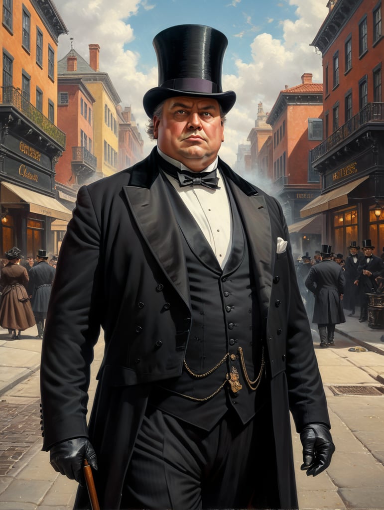 Portrait of a very rich obnoxious and polished fat businessman, wearing a black tailcoat and a black top hat, looking up with an arrogant look, standing in the middle of the street, early 19th century, style by Gil Elvgren