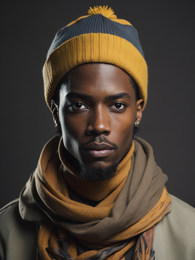 an african model wearing a brown beanie and a colorful scarf with "junk" written on it