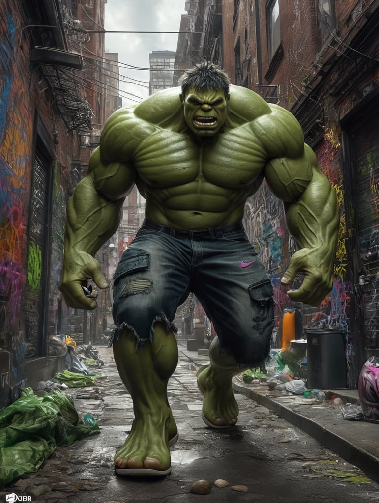 Hyper detailed hulk with nike sneakers in a new york alley with fluor graffitis