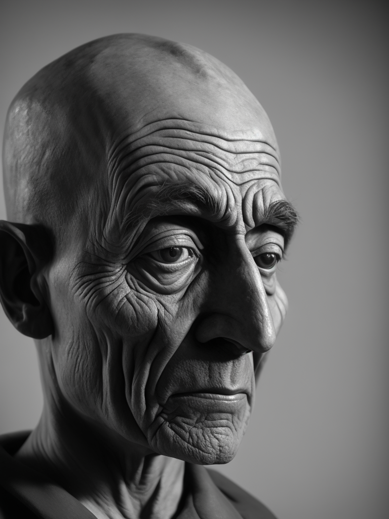 ein trauriger keramikkopf im sinne von peter voulkos und man ray. schwarz weiß foto