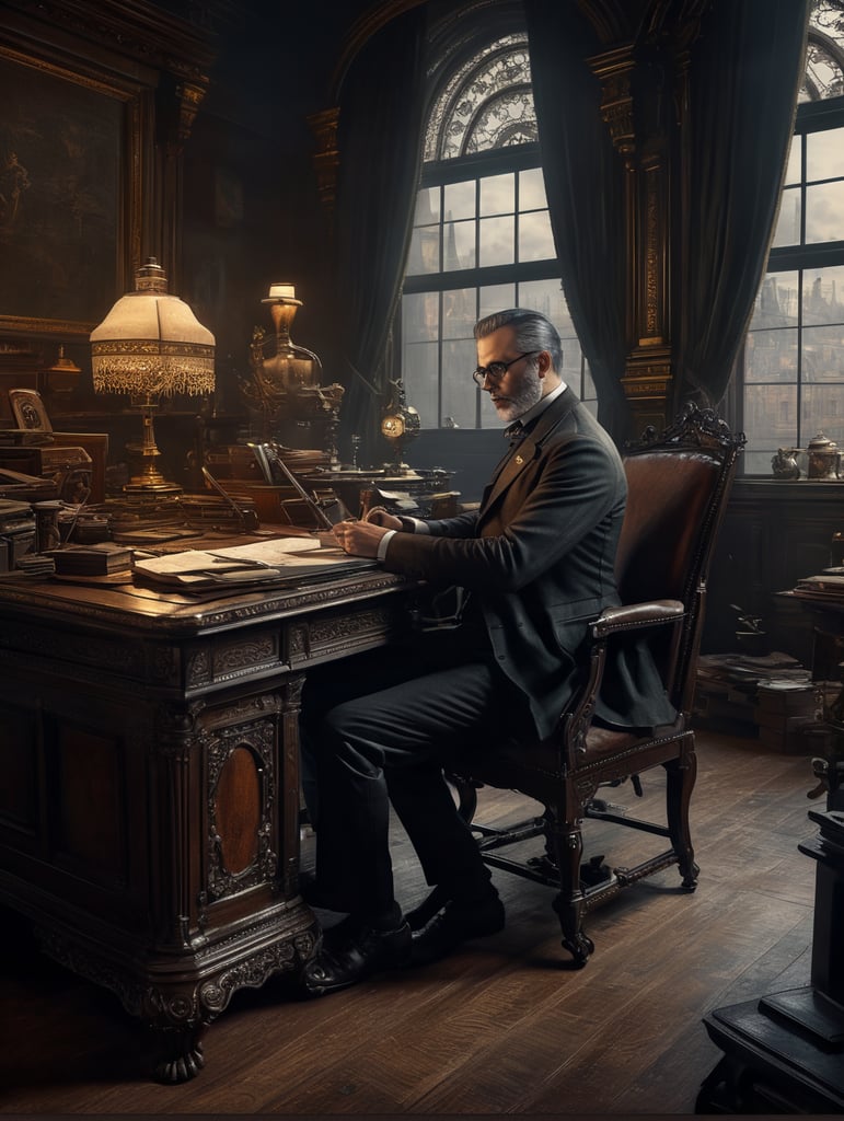 an accountant sitting at a desk in the style of victorian photograph