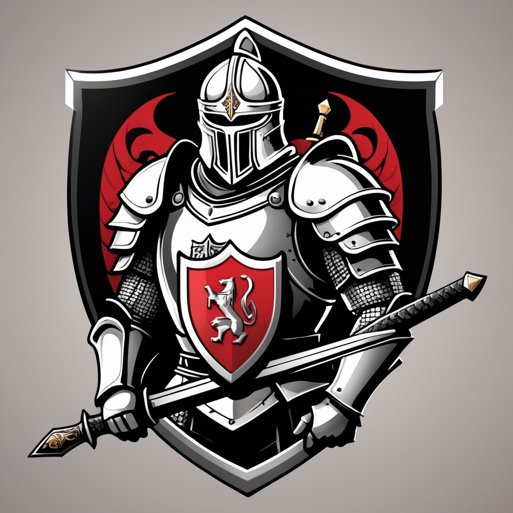 arafed knight with sword and shield logo design, strong fantasy knight, professional logo design, sword design, medieval knight, (((knight))), fantasy knight, holy crusader medieval knight, logo vector art, medieval holy crusader knight, armored knight, high quality character design, 3 d logo, logo design, knight, medieval fantasy game art, logo concept design, illustrated logo