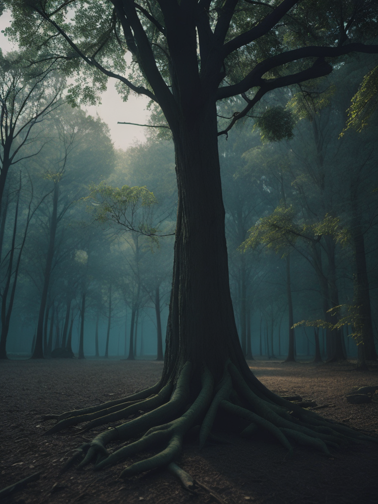 A single century-old tree in a dark forest illuminated by moonlight streaming through its leaves with exposed roots, viewed from a more open plan in an atmospheric atmosphere.