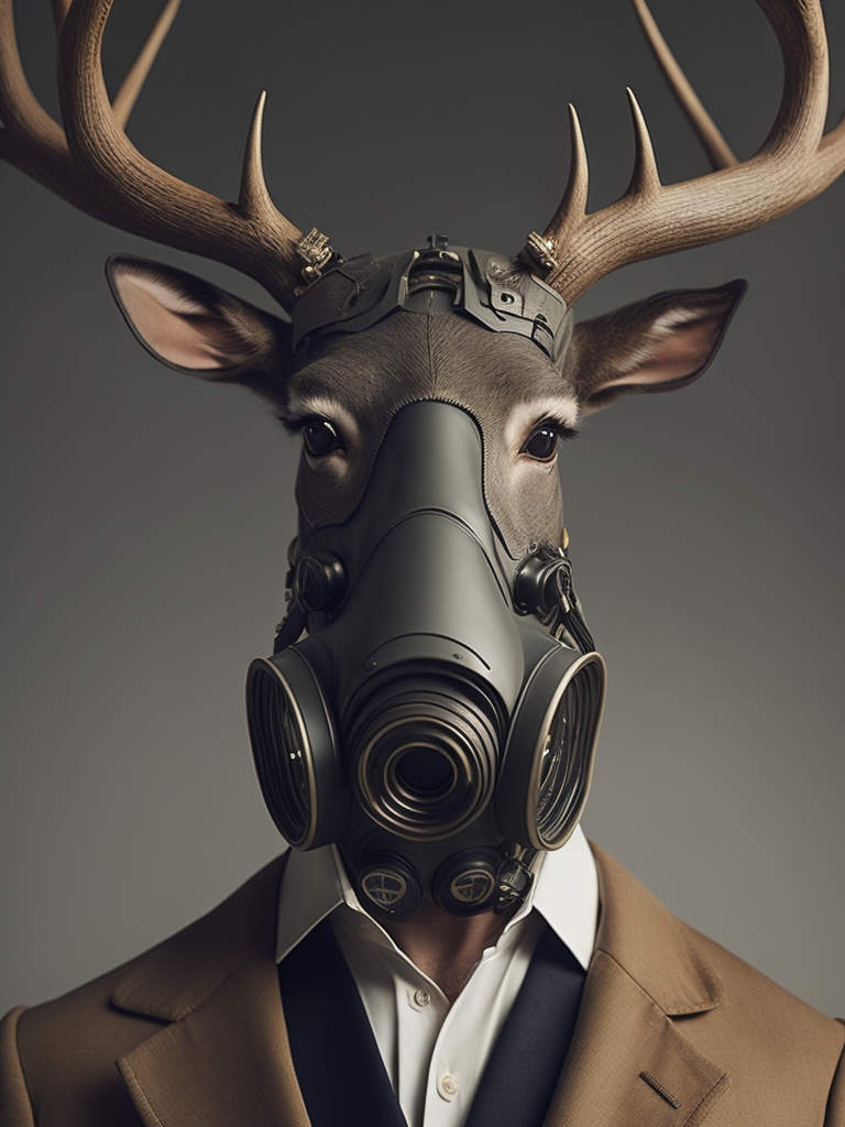 suit wearing people wearing gasmask and 12-point stag deer antlers protruding from the head : the mouth of the gas mask face is connecting to a respirator hose, postmodernist government archive portrait stanley kubrik wes anderson