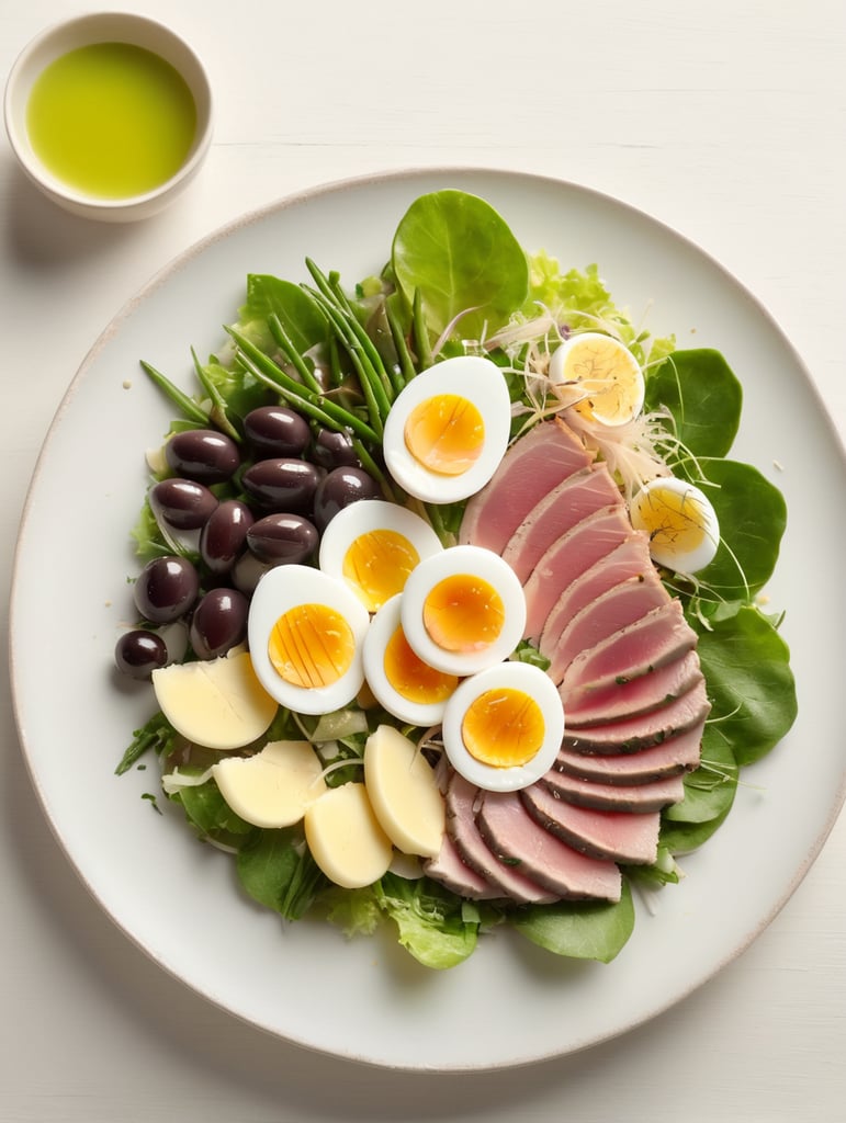 Nicoise Salad, small plate on a wooden table, Description: A French salad that features seared tuna, boiled potatoes, green beans, olives, hard-boiled eggs, and anchovies, all arranged on a bed of lettuce and dressed with vinaigrette.