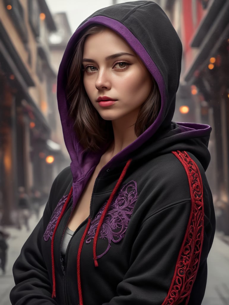 hoodie noir avec cordons rouge bout des manches violet porté par une jolie jeune femme