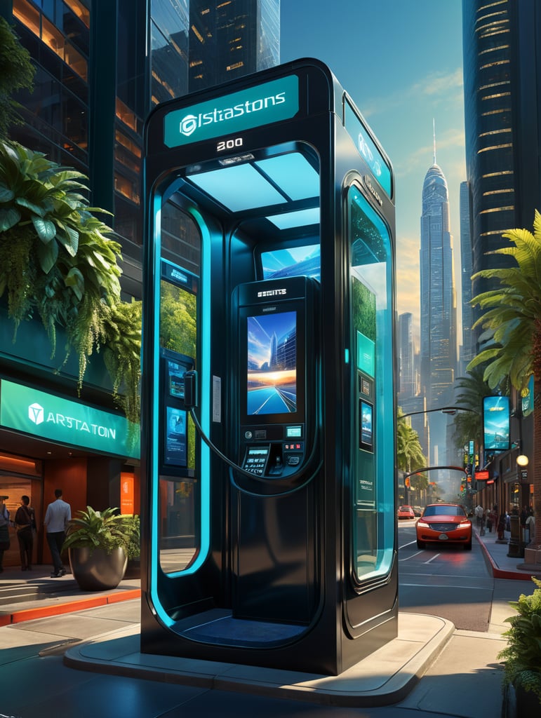 A sleek, state-of-the-art telephone booth with cutting-edge technology and solar power integration, presented through a professional digital illustration style. In the spirit of concept artist Syd Mead, this image showcases a futuristic, cityscape backdrop. The booth exudes minimalism and sophistication with its clean lines and advanced touchscreens. The color palette is a mix of cool, futuristic blues and vibrant, eco-friendly greens. Facial expressions are determined and focused, bathed in the glow of a digitally enhanced atmosphere, demonstrating the embodiment of professionalism in modern technology. --v 5 --stylize 1000