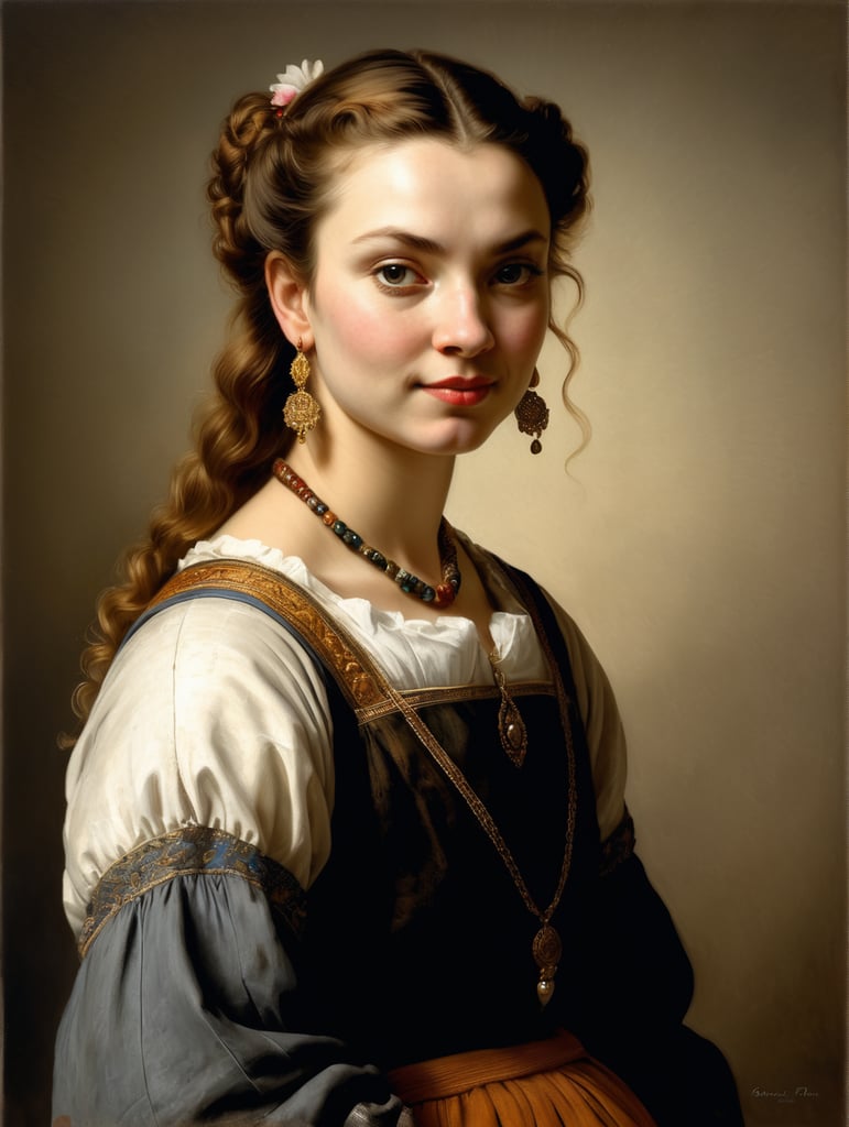 A masterpiece painting by Rembrandt Van Rijn of a beautiful jersey cow, wearing the typical clothes of the time, simple background, 2 3 view, waist up, highly detailed, high contrast