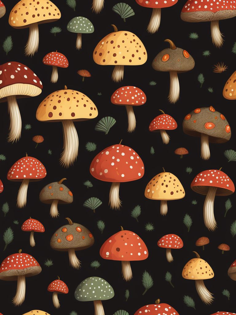Traditional hand drawn cute funny mushroom with vibrant colors, sets seamless pattern, conceptual unique elegant shapes pattern