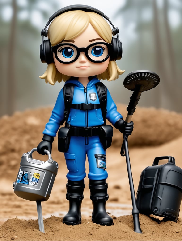 Female funko pop character with short length straight blonde hair wearing black cap and headphones wearing blue spectacles black clothes with grey wellies and knee pads and holding a metal detector and holding a spade with a back pack on and a tool belt around the waste