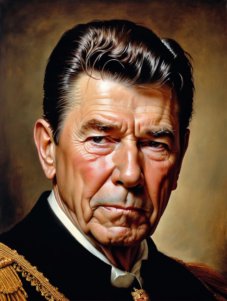 Portrait of Ronald Reagan by Rembrandt Harmenszoon van Rijn, sad face, America, so sorry