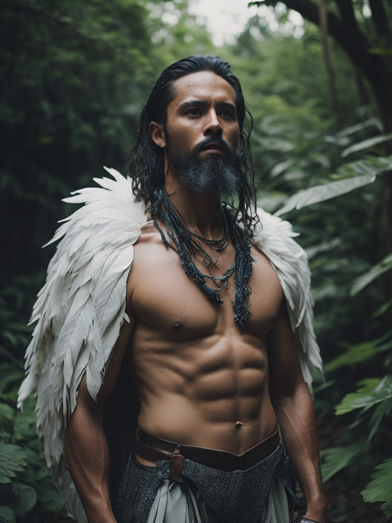 Um indígena com uma vestimenta de penas brancas no meio da floresta fechada