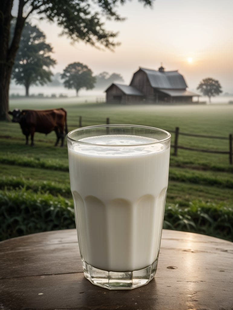 A mockup of a glass of milk, early morning, fog, farm blurred background