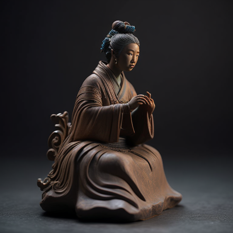 ancient small clay and glazed Chinese sculpture of a woman, deep atmosphere, realistic