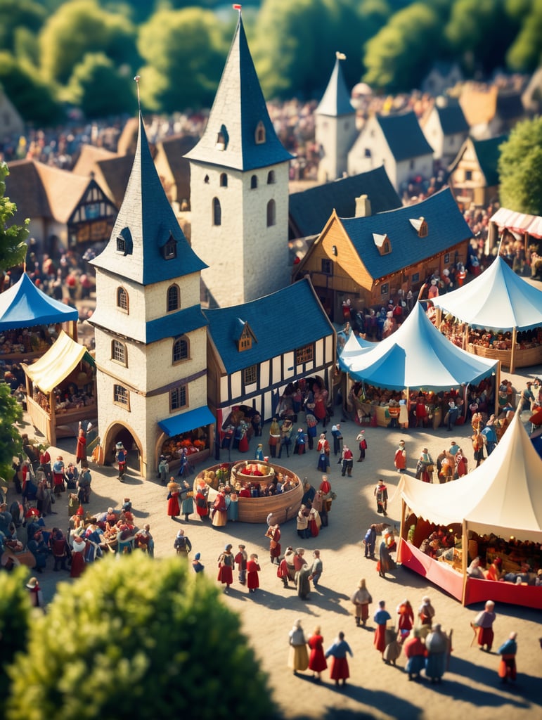 A medieval-inspired creative concept is depicted in a tilt-shift photograph capturing the joyful ambiance of a village fete and fair