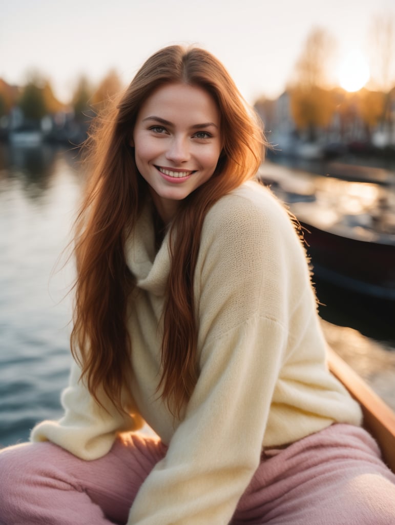 Naturally pretty, unadorned nordic woman, 25 years old, with layered, extremely long and full straight reddish brown hair cascading down her back. she wears a heavily brushed, fuzzy, incredibly soft pale yellow mohair sweater with wispy long fibres and an oversized cowlneck, pink Pyjama pants. she sits on a houseboat in Amsterdam at dawn, on an unmade bed, backlit by the rising sun, smiling. analog film.