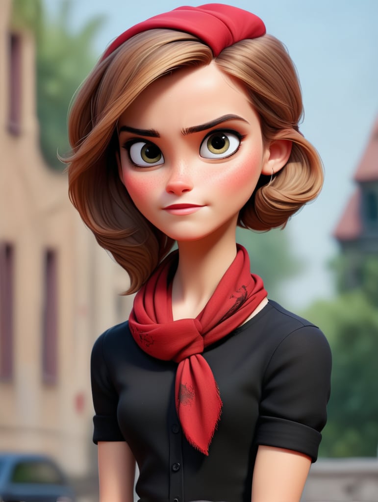 Portrait of Emma Watson wearing black blouse with red scarf, ultra realistic