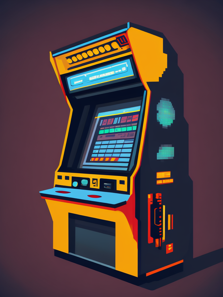 Vibrant Arcade machine, 90s style, deep colors, pixel art style 64 bit