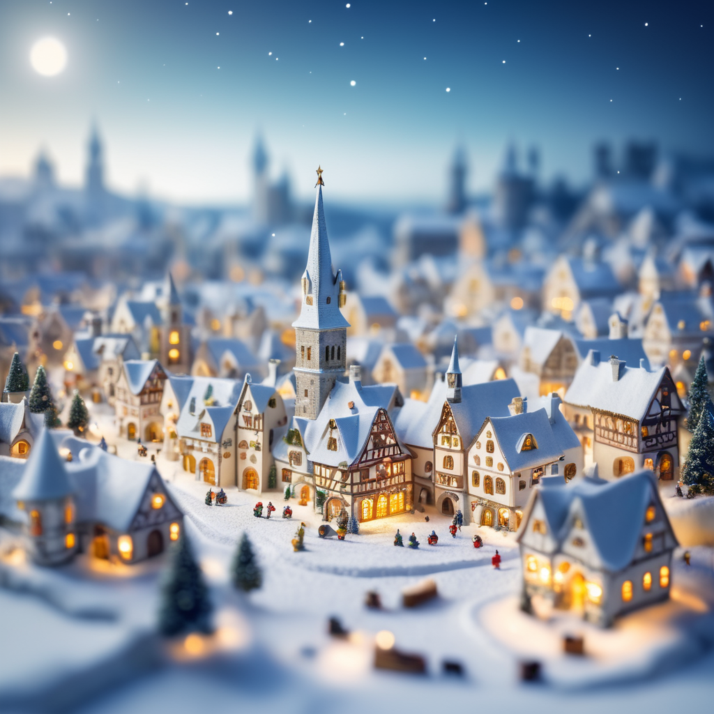 tilt shift photography of a Christmas medieval fantasy miniature city, depth of view, sunny, at night, snowy weather