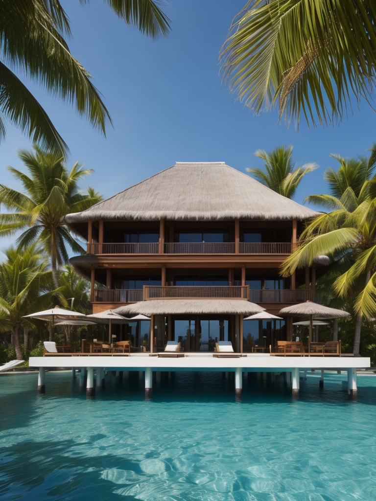 Over water villa in the maledives with the sun shining and some palms, Vibrant and rich colors, blue skies and azure oceans, photorealistic, contrast light, deep colors, Incredibly high detailed