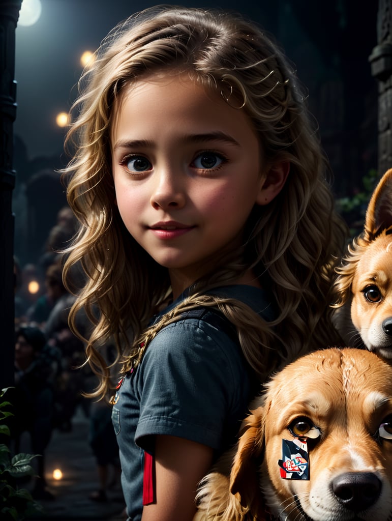 a young girl with dog, creative, and kind-hearted person with long, curly blonde hair, big eyes, small nose, and a smiling mouth, standing centered in 2D style, rendered using beautiful Disney animation, Pixar style, Disney style, 2D style