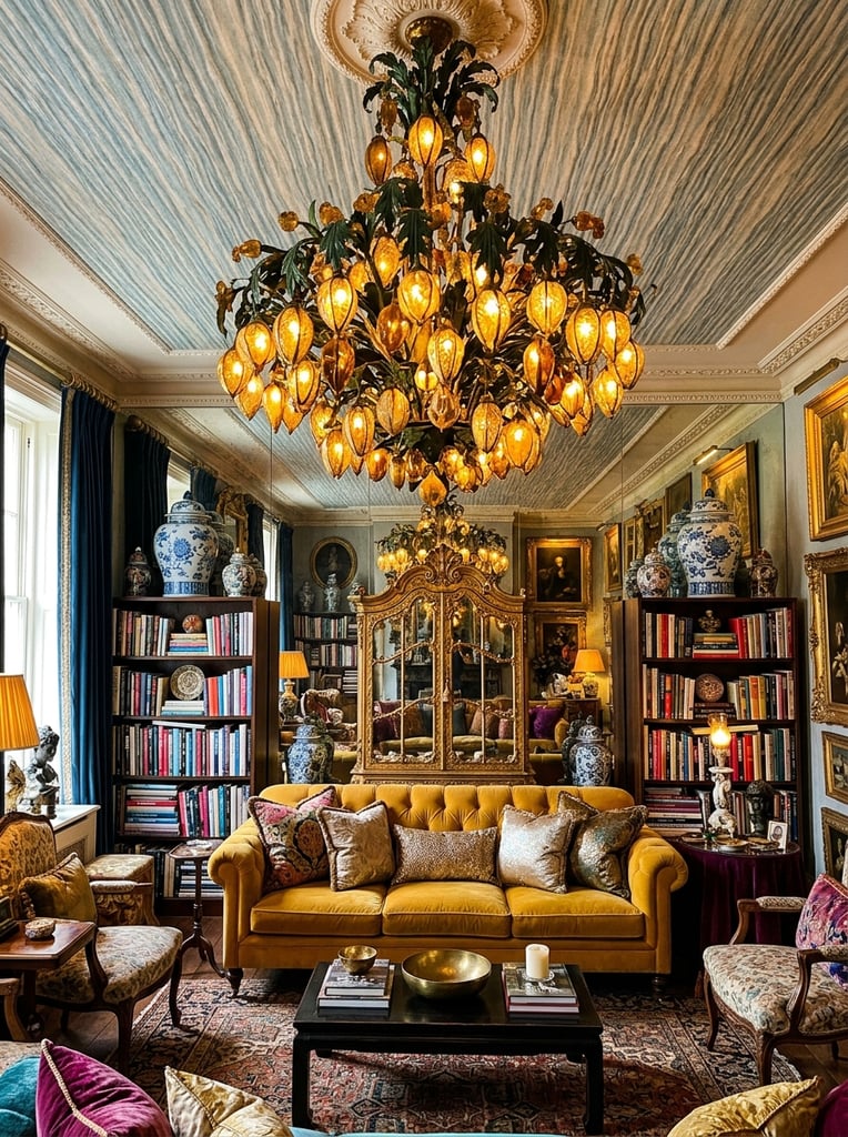 An opulent maximalist living room centered beneath an intricate chandelier of glowing golden seed pods and dark green metal foliage. The organic fixture hangs from a striated light-blue fabric ceiling. A tufted mustard-yellow sofa with metallic and textured pillows anchors the space behind a low coffee table. Dark bookshelves brimming with vibrant volumes and large blue-and-white porcelain ginger jars flank an elaborately carved golden mirrored cabinet. Background mirrors reflect the dense decor, multiplying the warm ambient light throughout the richly textured interior.