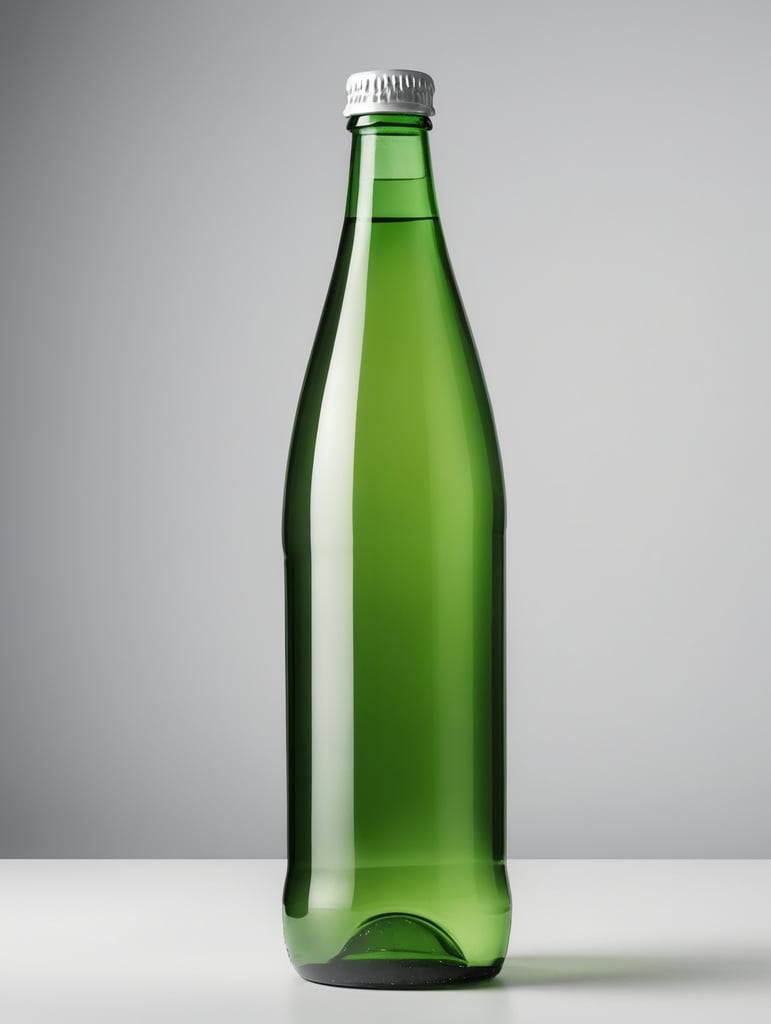 Green glass bottle with mineral water mockup, no label, isolated, grey background