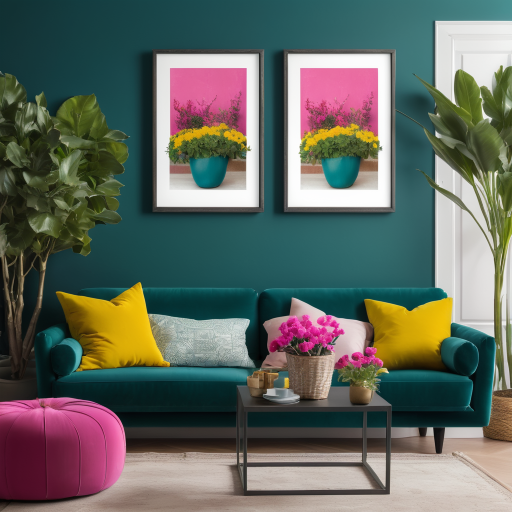 Mockup for two frames of 24x36 in. posters, hanging on a wall painted dark teal color, in a french modern country style livingroom, hot pink sofa and yellow pillows, many plants and flowers, bright livingroom