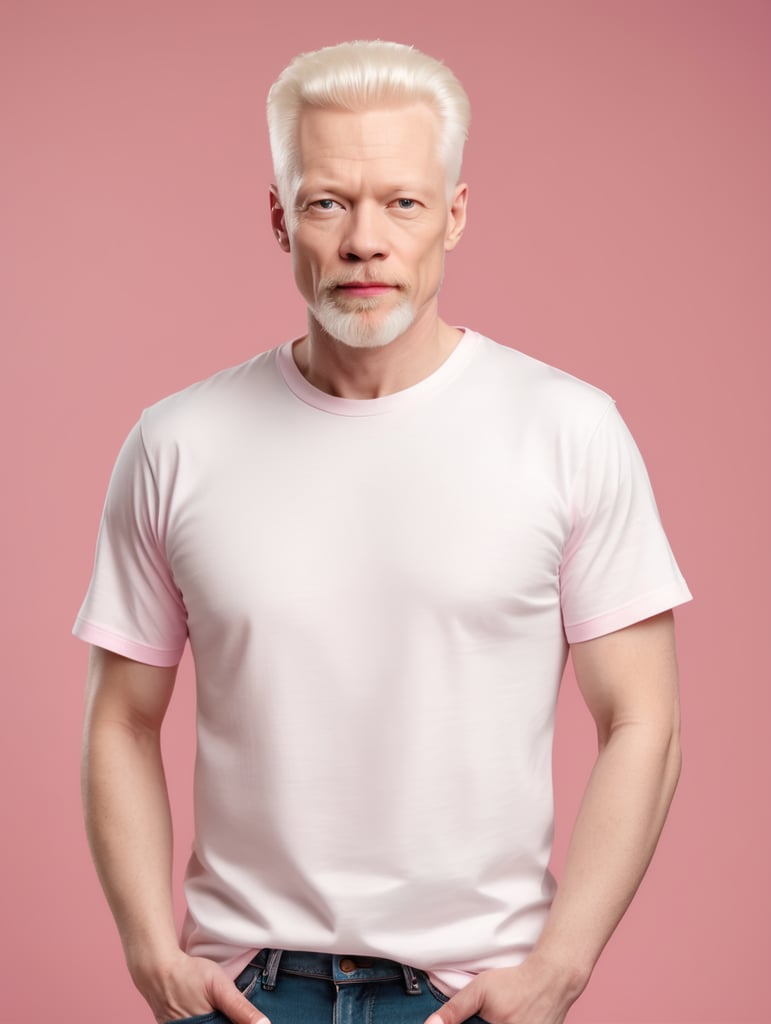 A middle-aged albino man wearing a white T-shirt, Contrasting studio light, isolated, pink background, mockup, mock up