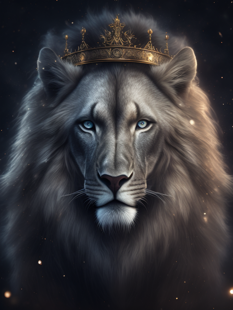 Grey Leo horoscope abstract image, magic style, night and lights,portrait, with crown,