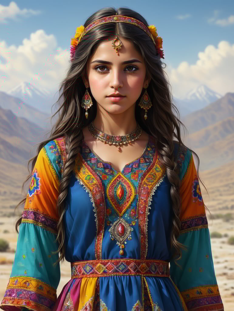 a kurdish young girl wearing kurdish dress in white background