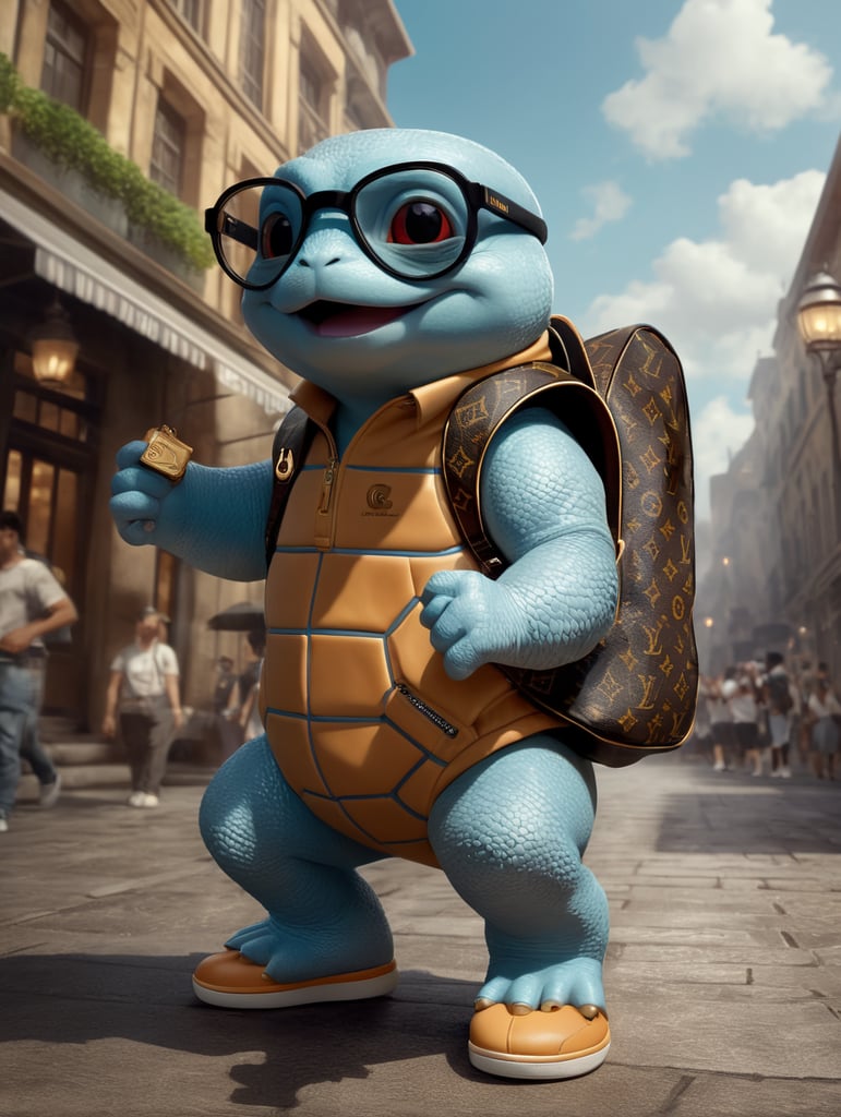 cute stylish squirtle dressed in stylish lacoste sportswear clothes, big sneakers and a louis vuitton glasses