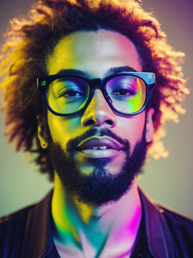 Detailed portrait of the singer the Weekend, Glasses with colored lenses, bright saturated colors, with a small beard, afro hairstyle, bright gradient background,