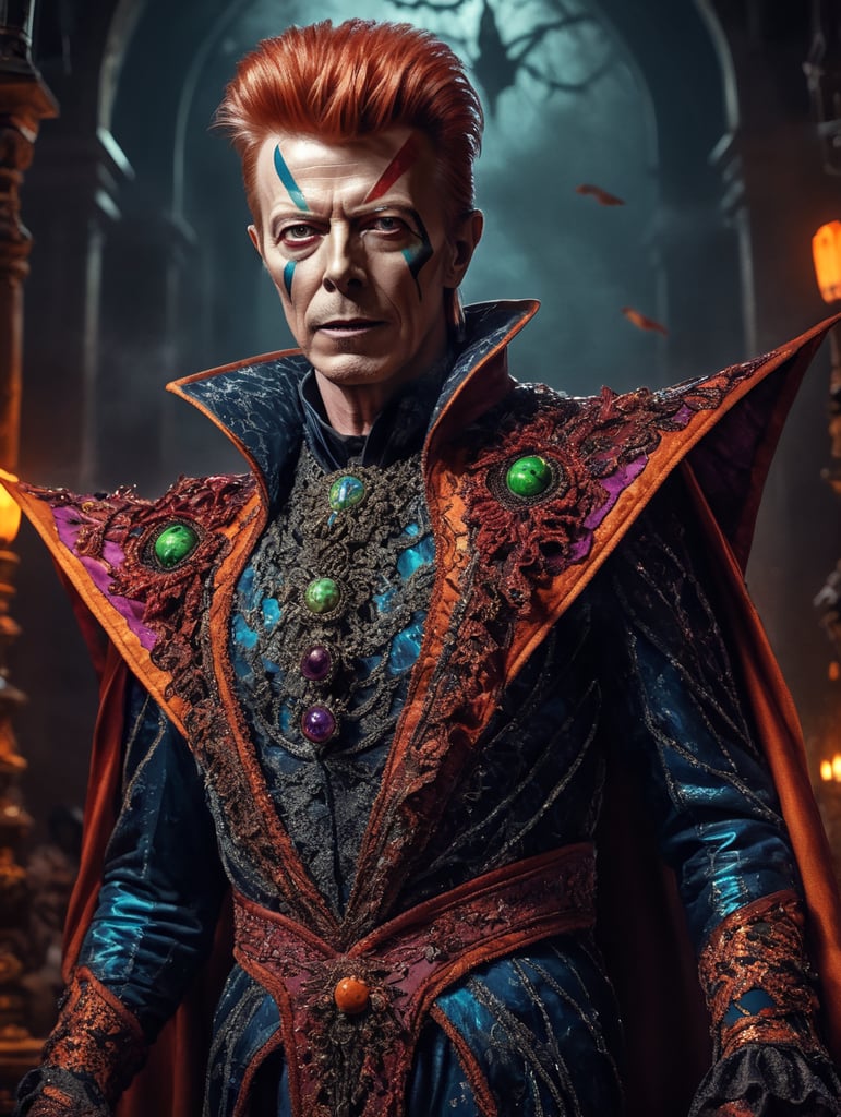 David Bowie as an evil character wearing spooky Halloween costume, Vivid saturated colors, Contrast color