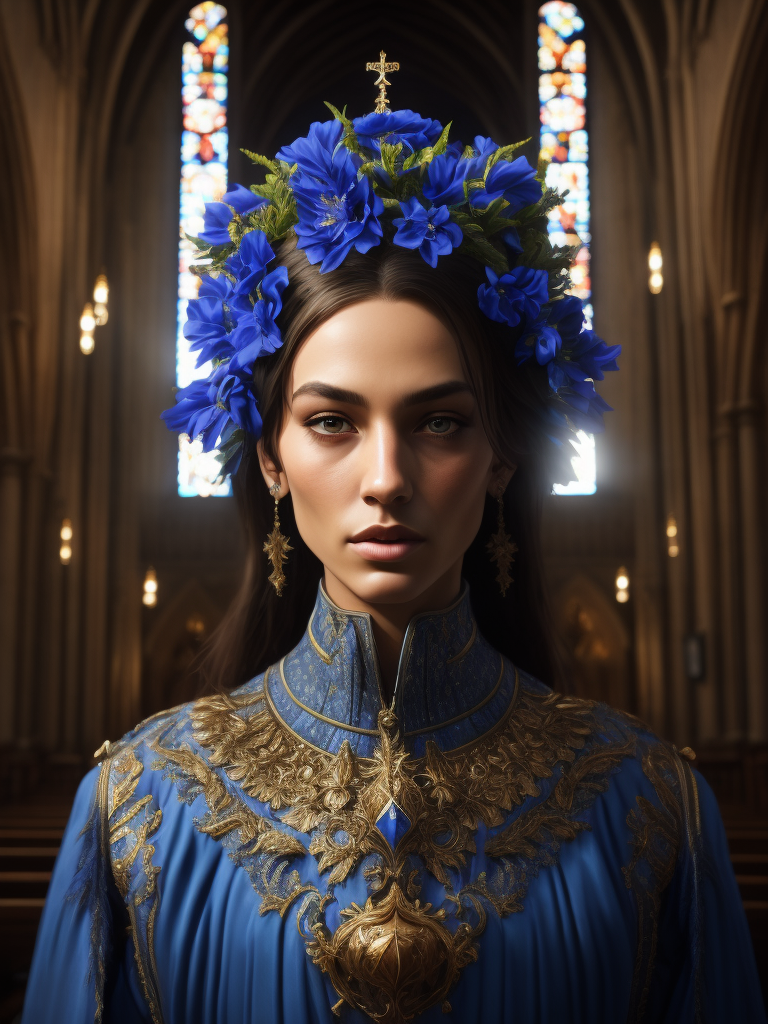 Portrait of Bella Poarch with a blue flowers crown, interior of a tall gothic cathedral, dramatic lighting, incredibly high detail, romantic style art, architectural, sun rays, saturated colors