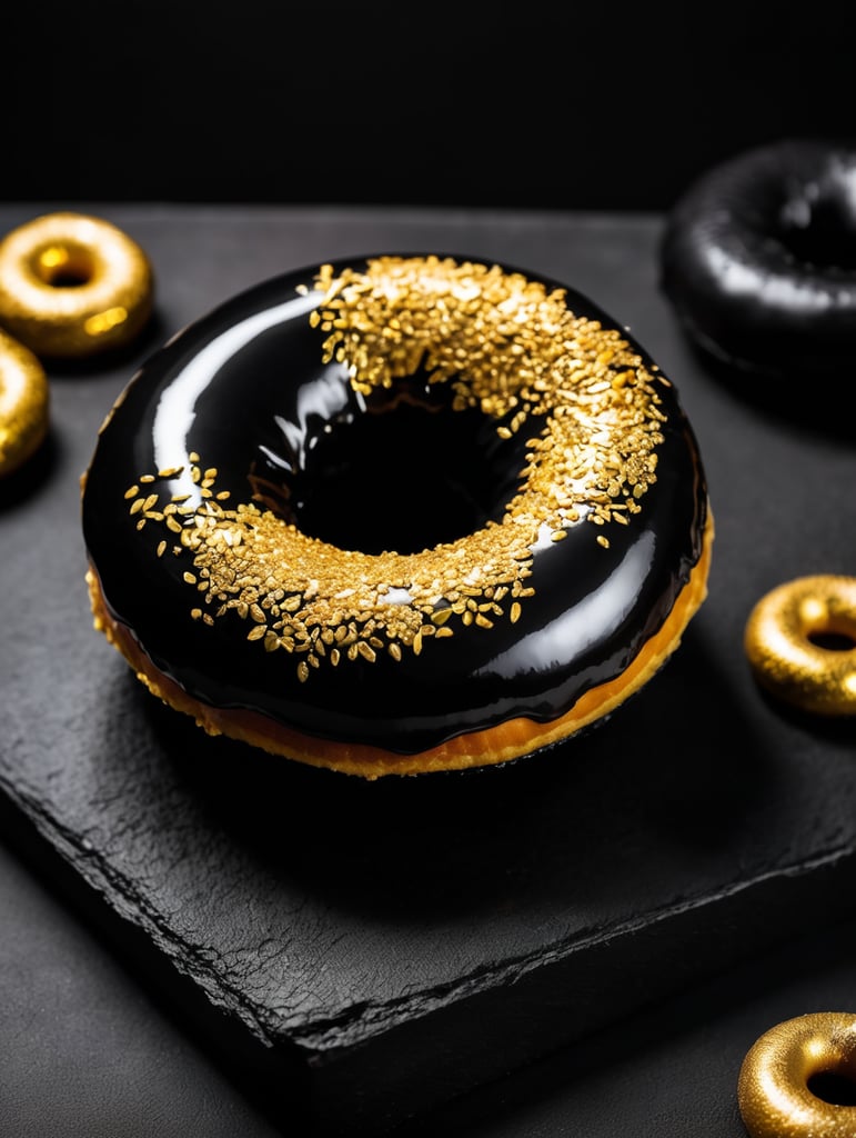 черный пончик покрыт золотом лежит на черном столе, черная комната, слабое освещение