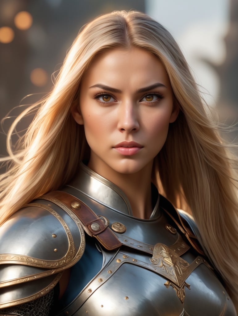 A shot of a 35 attractive woman, warrior princess, polished armor, intimidating stance, intriguing, exquisite facial features, mesmerizing brown eyes, very long straight blonde hairs, wind in hair, twilight, streaked hair. Dramatic light, packed with hidden details, masterpiece, hyper realistic, colorful realism, realistic attention to detail, highly detailed, uhd image, realism, symmetrical, unreal engine, ultra wide, 8k resolution, background light