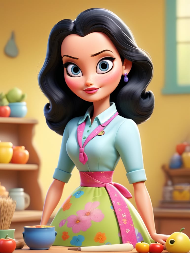 Drawing of an adult Barbie with a primary school teacher's apron, oval face with a thick body, white skin, straight black hair, black eyes
