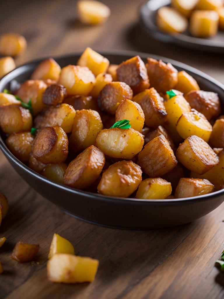 fried potatoes with juicy fried meat on a wooden background