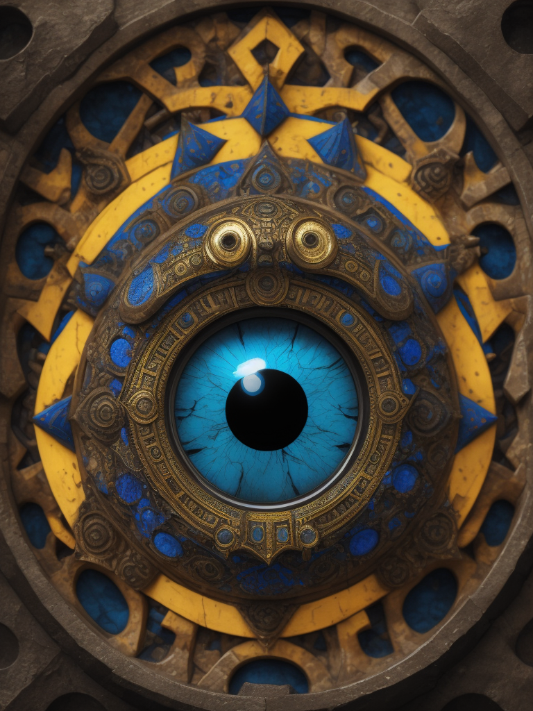 an image of a sculpture with a bright blue eye with black eyes, in the style of puzzle-like pieces, hieratic visionary, album covers, human connection, stone, yellow and azure, symmetry