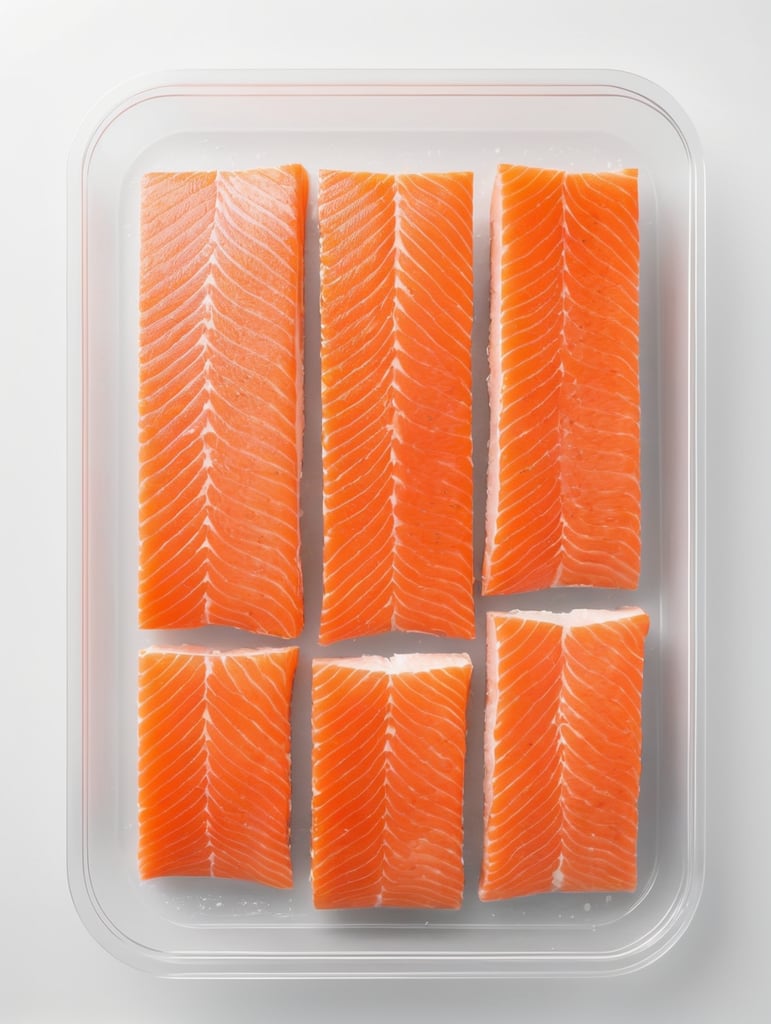 ready for cooking slices of a salmon in a transparent plastic tray, top view, isolated, mockup