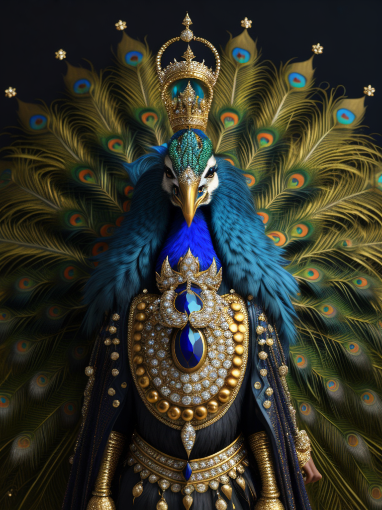 Magical king peacock wearing expensive jewelry that is magnificent, incredibly detailed, intricate, with brilliant bright shimmering sparkling glittering diamonds on glowing shining precious luminous gold, Royal rich luxurious