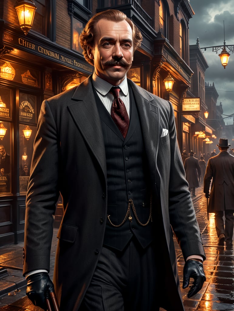 Step into the world of H.H. Holmes, where a sharp suit and a charming smile hide a dark and twisted mind. Show us the shadows that hint at his true intentions as he confidently sells insurance to unsuspecting victims."