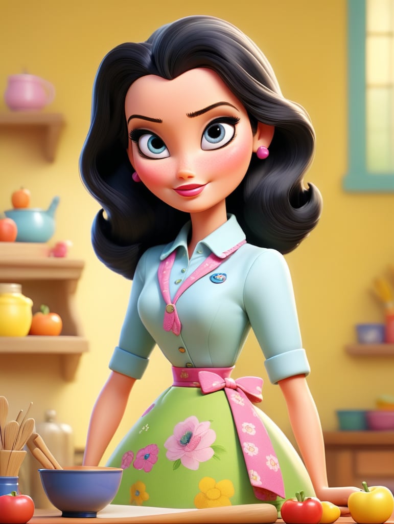 Drawing of an adult Barbie with a primary school teacher's apron, oval face with a thick body, white skin, straight black hair, black eyes