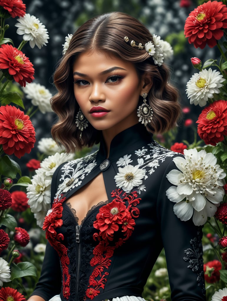 Zendaya with Dior poison perfume covered in a floral garden of red and black and white flowers