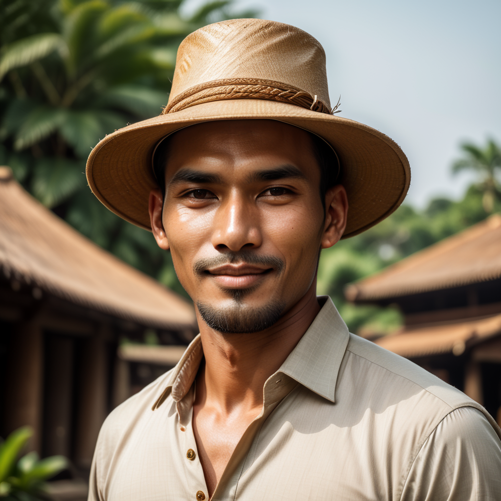 a tall and slender Thai man with dark skin. sharp face, long, narrow eyes, a straight nose, and thin lips. charming smile. wears traditional hunter's clothing, round hat, which consists of a round-necked shirt, a sarong wrapped around his waist, and loose-fitting pants.